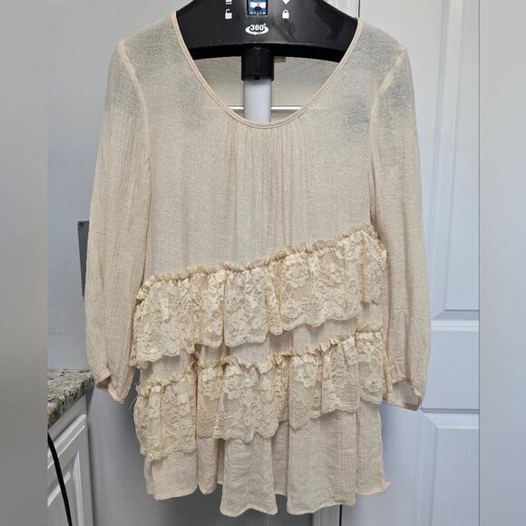 Vintage Boho Gauze Womens top size small, cream colored with tiered lace Romanti - Picture 10 of 13